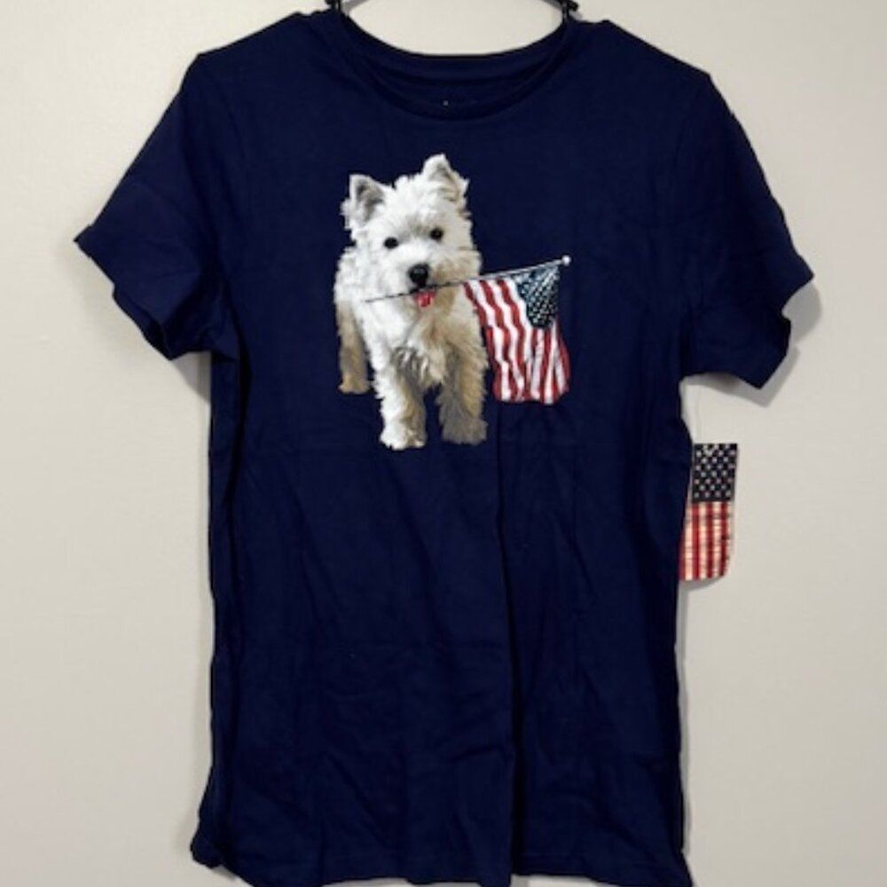 NEW Girls Americana Tees Short Sleeve Shirt Doggy w Flag Color Navy Size (12/14)